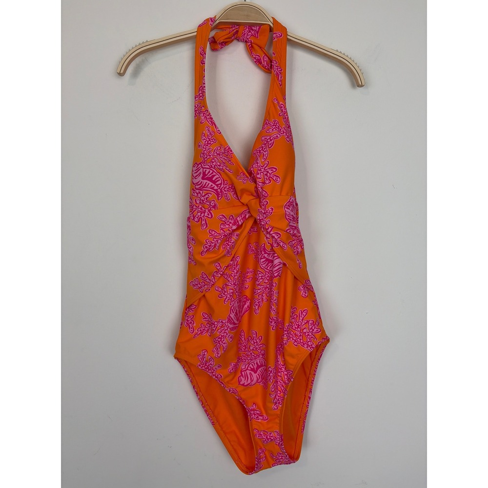 Ellen Tracy Halter One Piece Coral Sz‎ 8 Seashell Print Twist Front Swimsuit